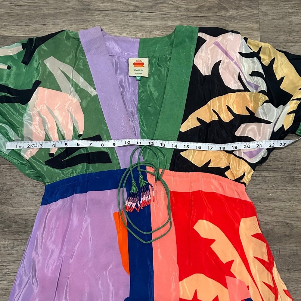 FARM Rio Dress XXS Mixed Print Toucan Palm Tree Colorblock V-Neck Brasil Viscose - Picture 8 of 15
